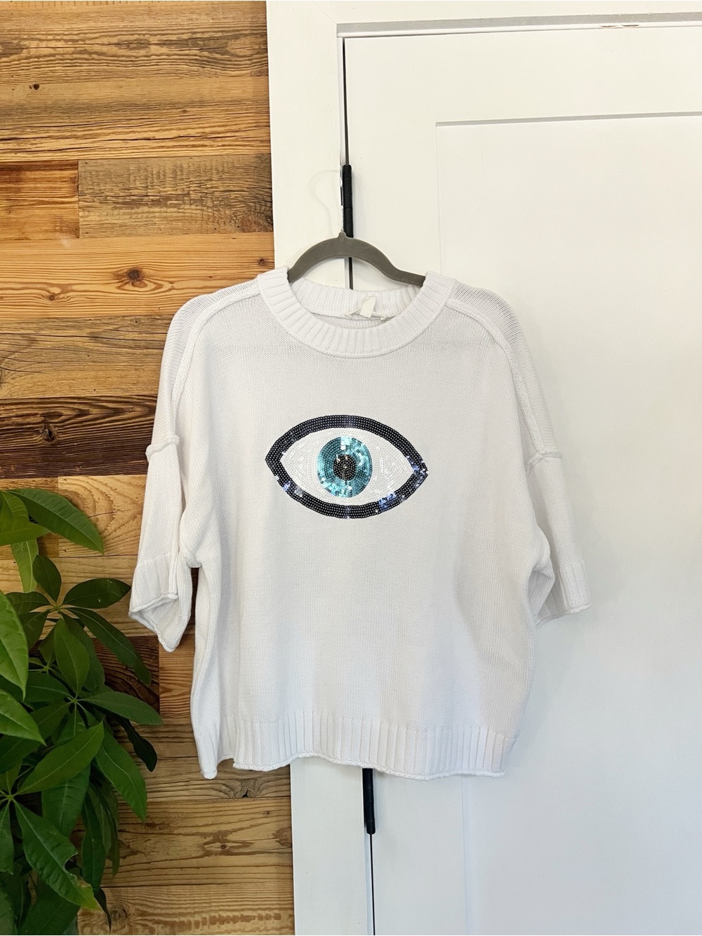 NWT Rio & Rian Drop Shoulder Sequin Evil Eye Sweater Oversized Small - Picture 2 of 4